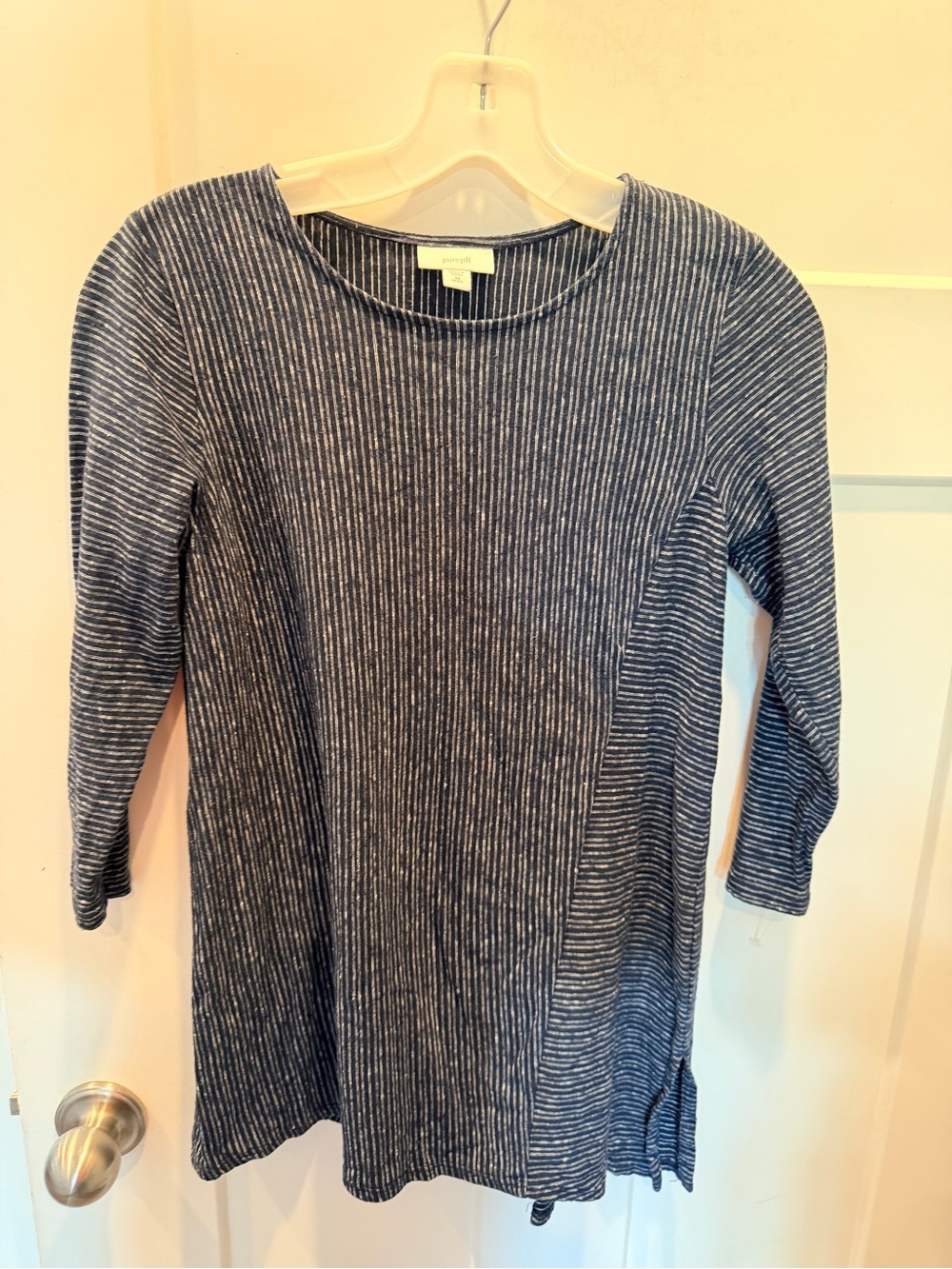 Pure Jill XS Petite Hemp Organic Cotton Ribbed Top Blue Stripe 3/4 Sleeve
